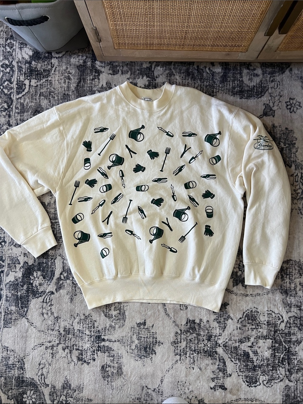 The Garden Place, vintage gardening tools graphic print sweatshirt